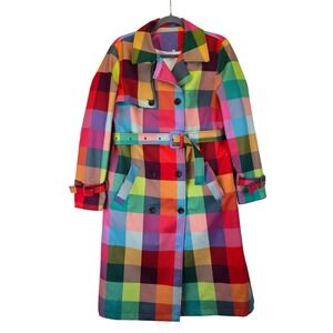 Colorful Plaid Trench Coat Womens Medium Double Breasted Belted Outerwear Boho